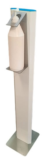 HIGIENIZADOR BASICO-MANUAL , Columna de aluminio lacado en blanco, con soporte de acero inoxidable para dispensador manual con pulsador